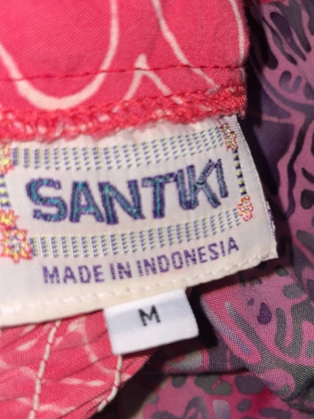 Santiki Sun Dress M Pink & Orange Batik Bohemian Floral Crochet Trim Smock Back - Picture 9 of 10